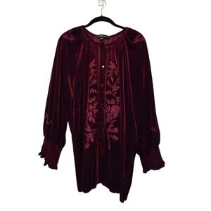 Caleoas Embroidered Velvet Peasant Blouse Top Women's 2X Wine Boho Whimsygoth